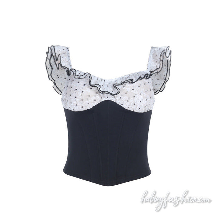 Polka dot ruffle corset contrast top