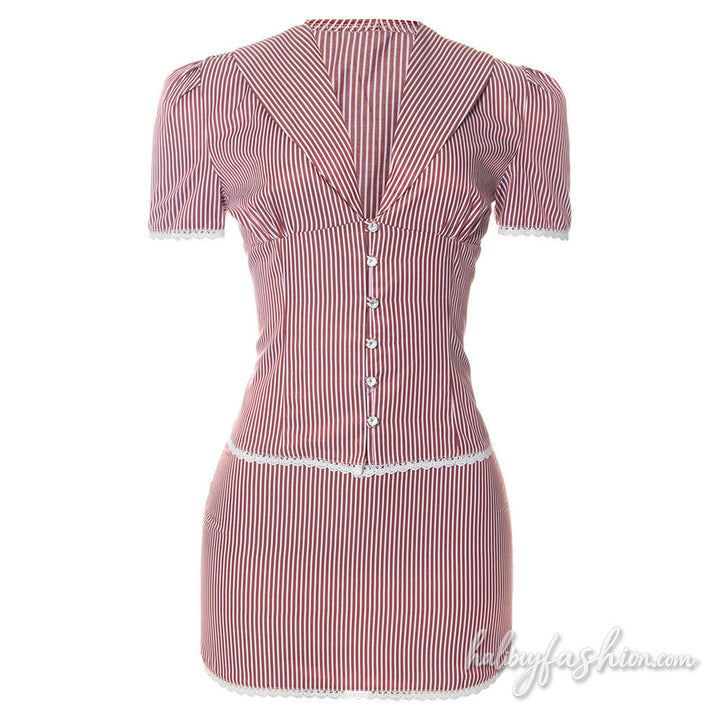 Striped short sleeve lace hem v neck button mini skirt set - Halibuy