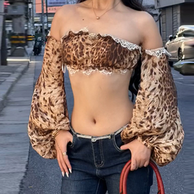 Leopard print long sleeve off shoulder lace hem top  | Festival Outfits Women  | Cheetah Print Top