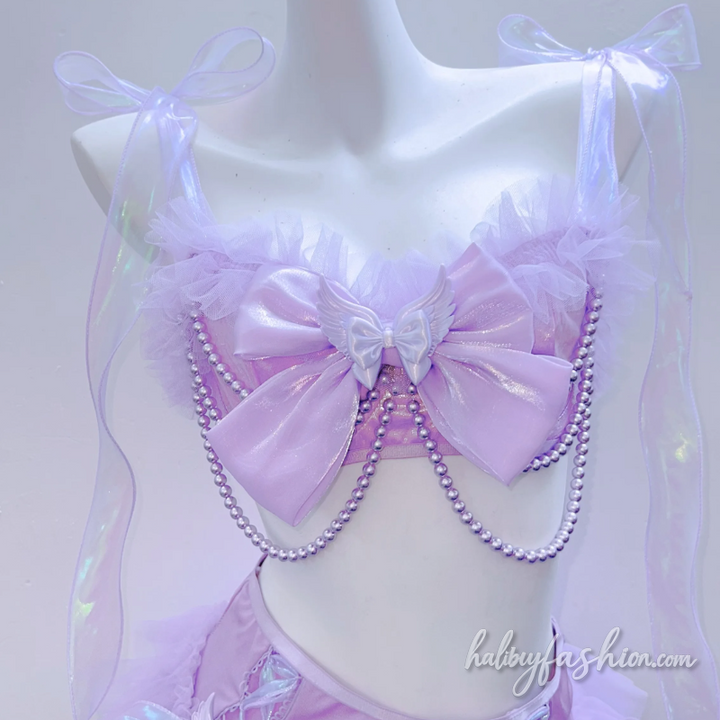 Beaded bowknot self tie ruched cami mini skirt set