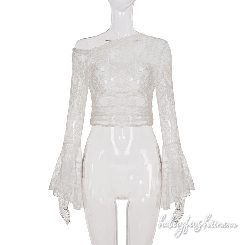 Long flared sleeve lace see through irregular top
