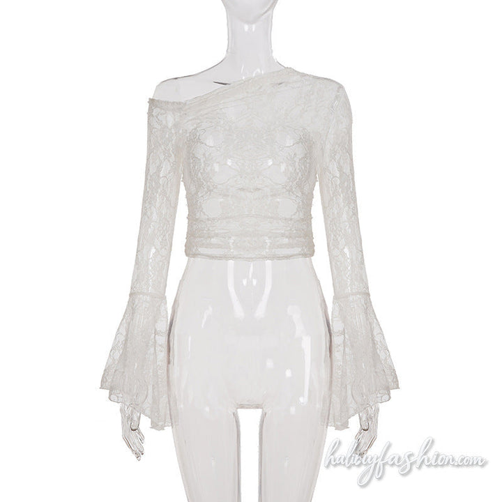 Long flared sleeve lace see through irregular top