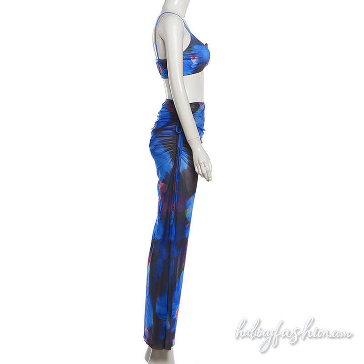 Drawstring ruched flower print cami maxi skirt set