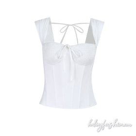 Self tie corset smocked backless solid top