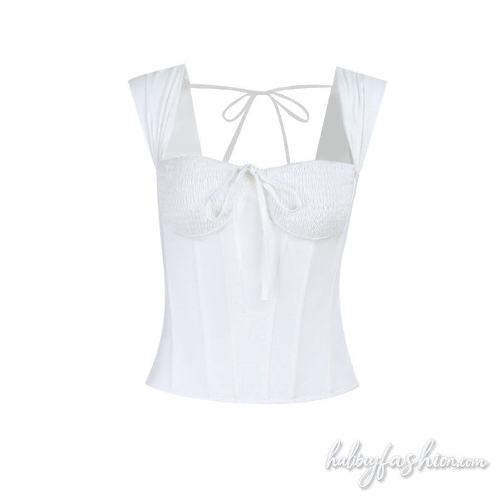 Self tie corset smocked backless solid top
