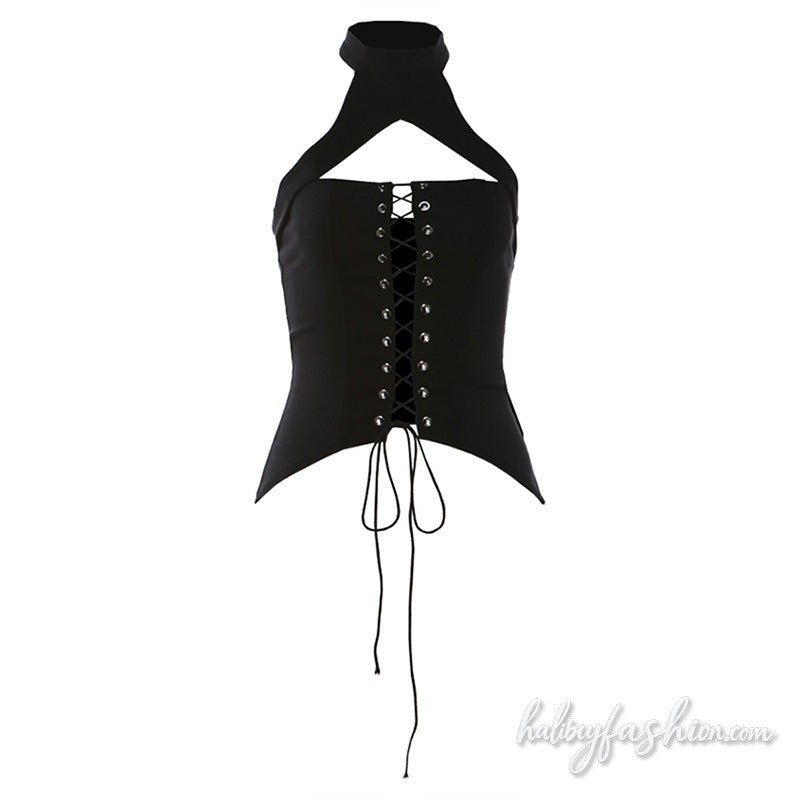Halter hollow out lace up solid button top