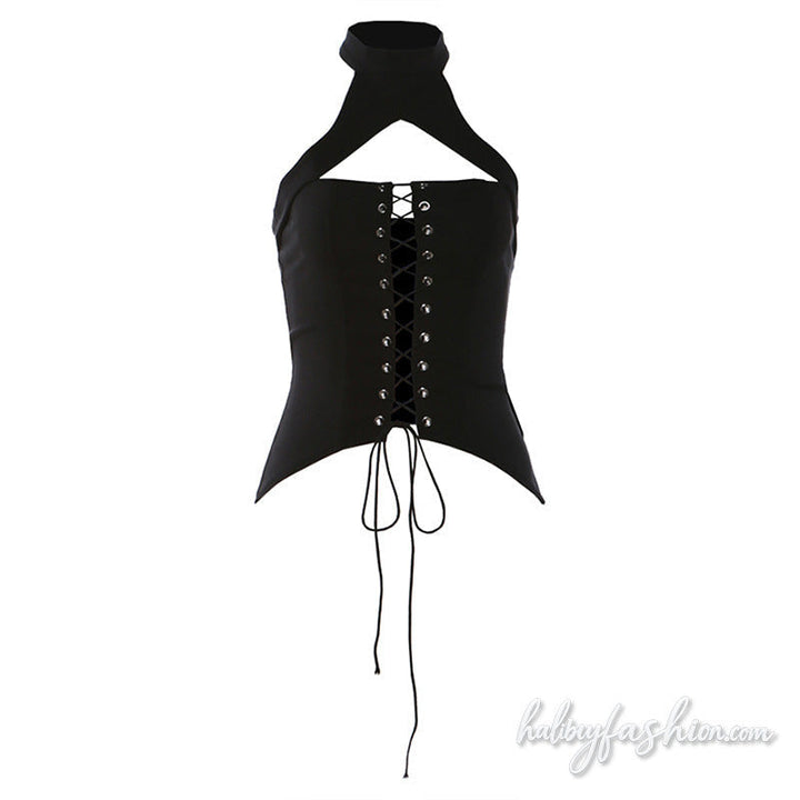 Halter hollow out lace up solid button top