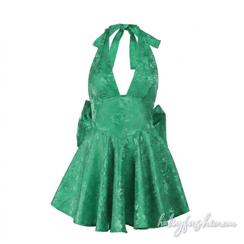 Halter self tie bowknot v neck print mini dress