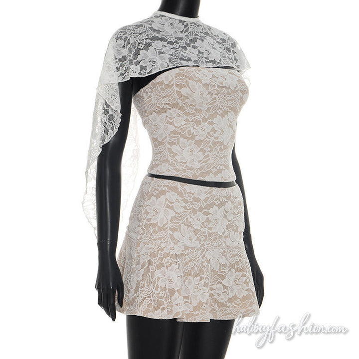 Lace shrug button 3 piece mini skirt set - Halibuy - 3