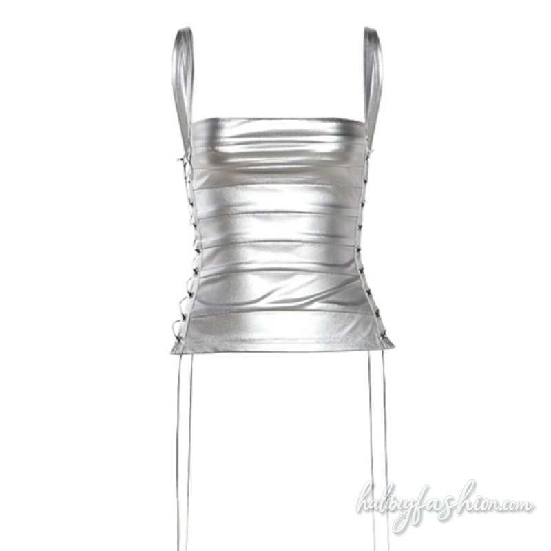 Metallic square neck lace up hollow out cami top