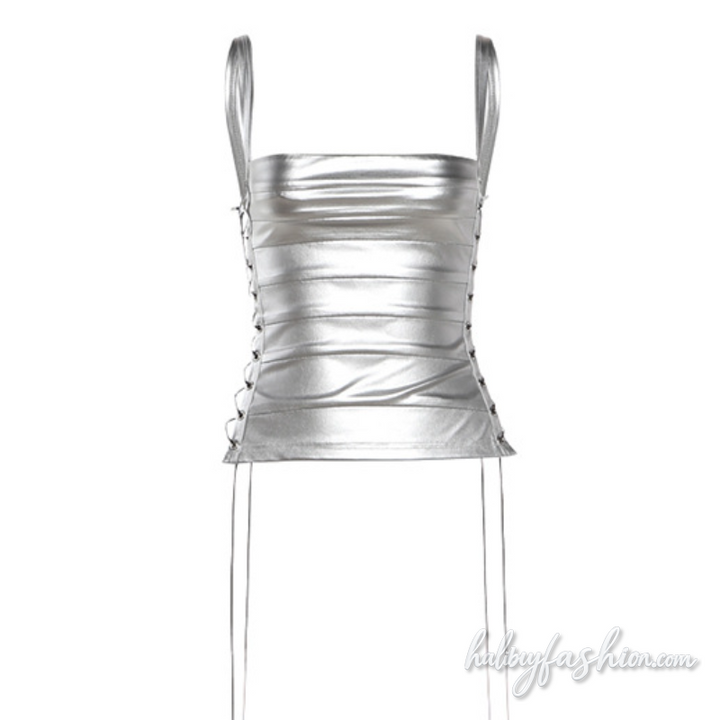 Metallic square neck lace up hollow out cami top