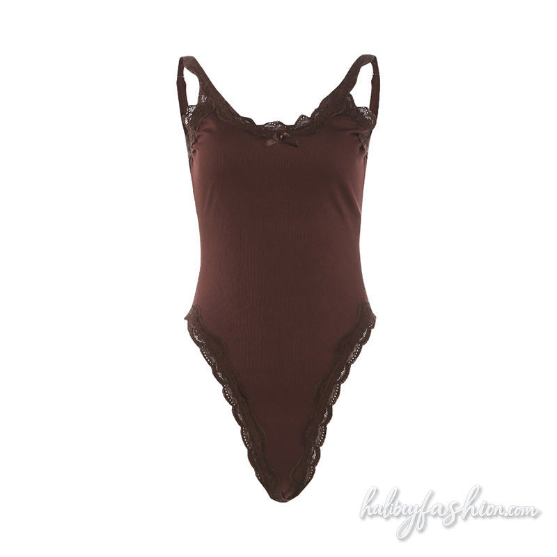Bowknot lace hem u neck ribbed button bodysuit