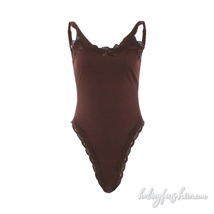Bowknot lace hem u neck ribbed button bodysuit