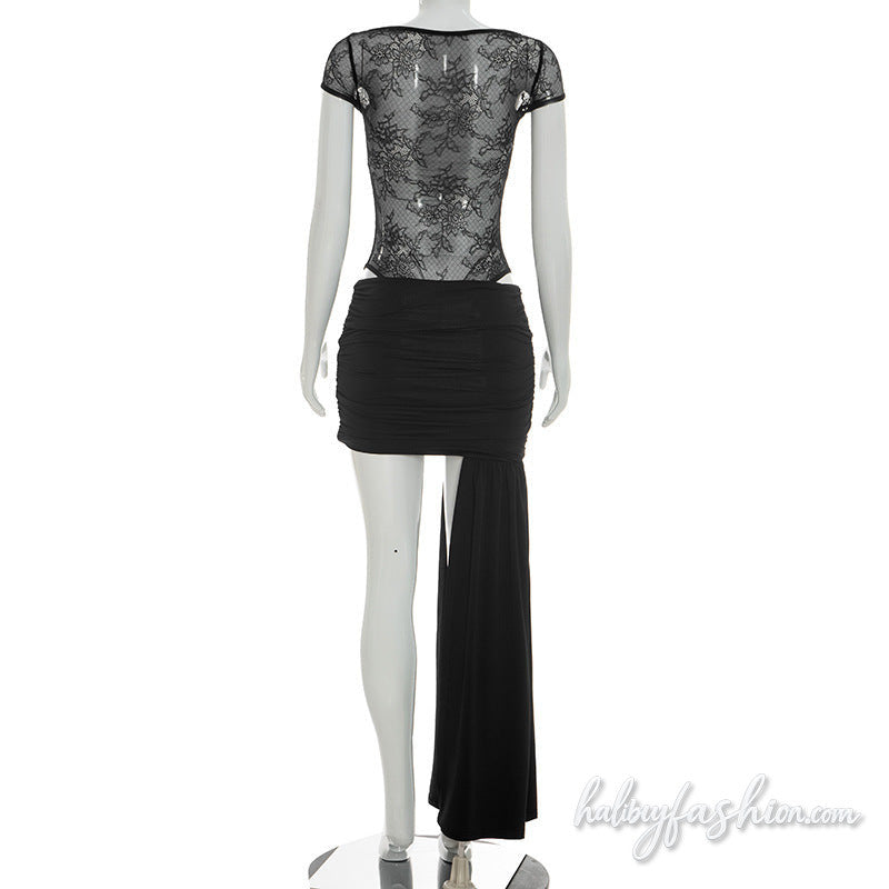 Crewneck cap sleeve lace ruched irregular mini skirt set - Halibuy - 4