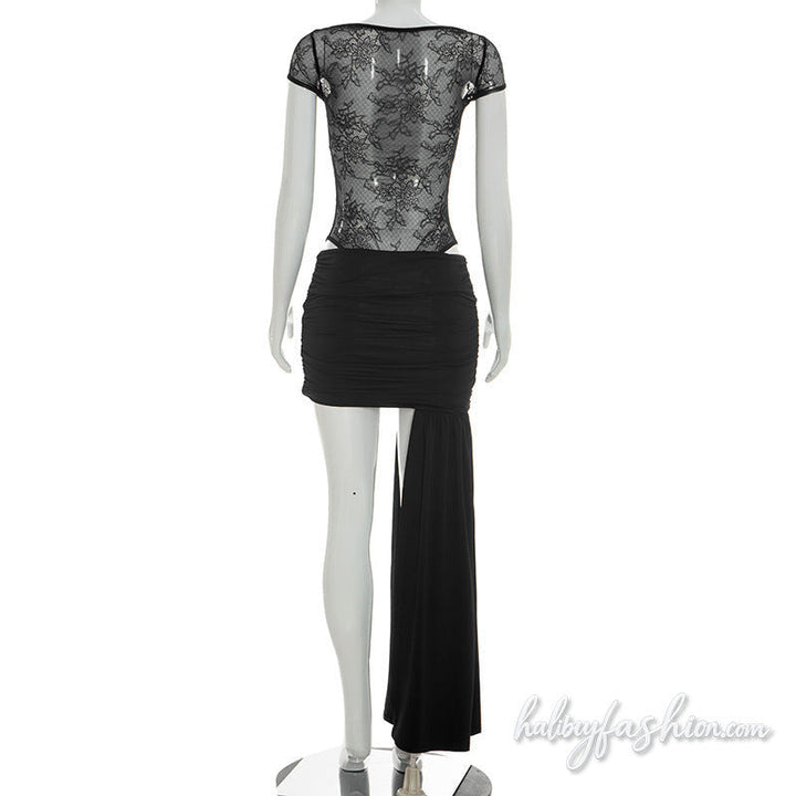 Crewneck cap sleeve lace ruched irregular mini skirt set - Halibuy - 4