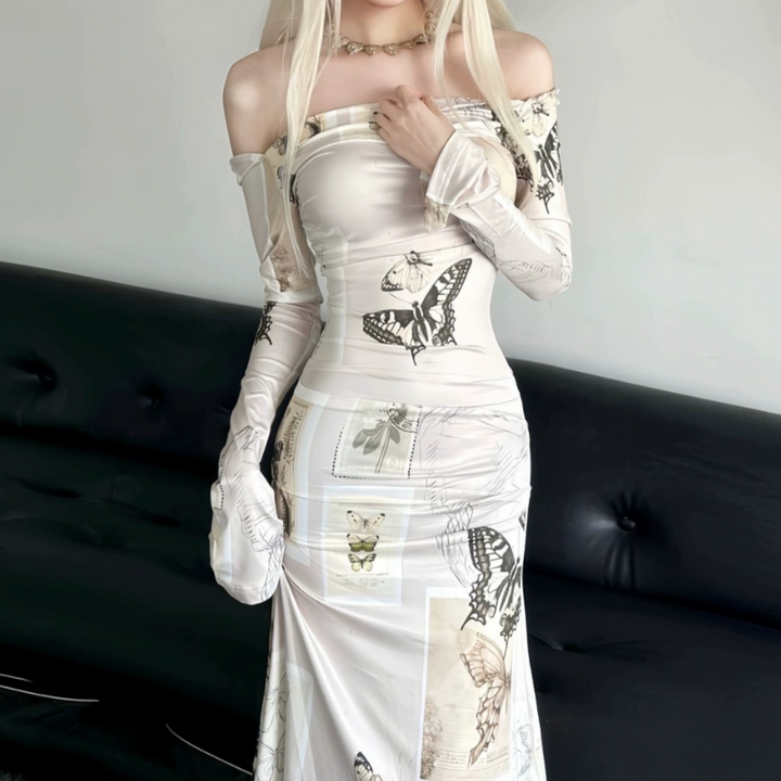 Long sleeve butterfly print off shoulder ruched maxi dress  | Festival Outfits Women