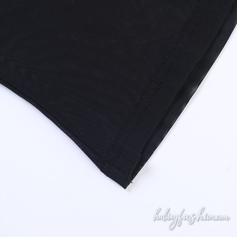Long sleeve self tie v neck mesh backless top