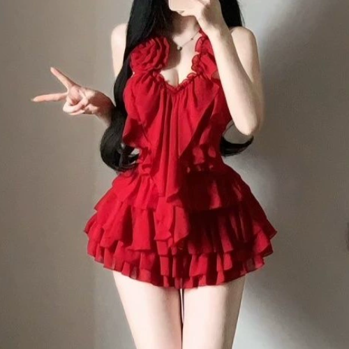 Halter ruffle flower applique mini dress  | Festival Outfits Women