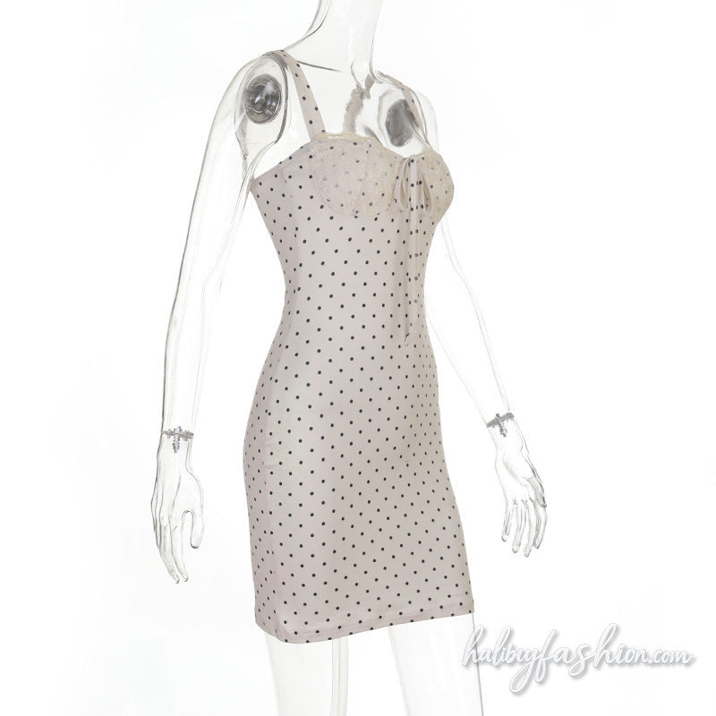 Lace hem self tie polka dot backless cami mini dress
