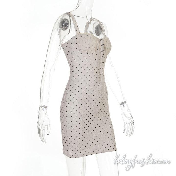 Lace hem self tie polka dot backless cami mini dress