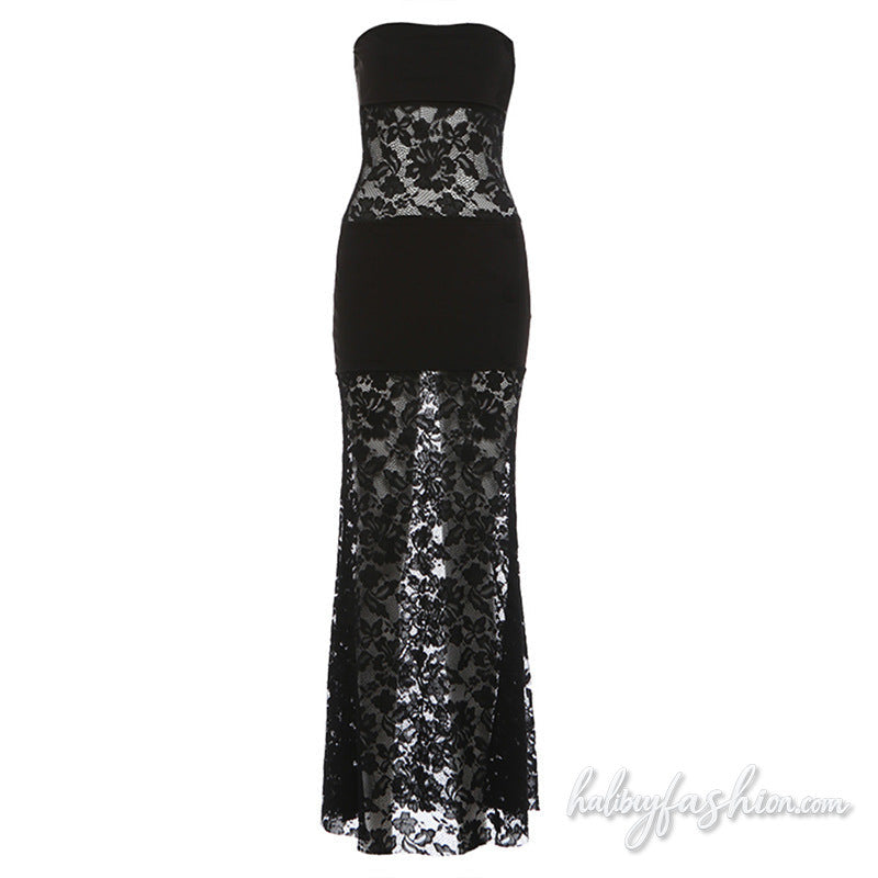 Lace solid backless tube maxi dress