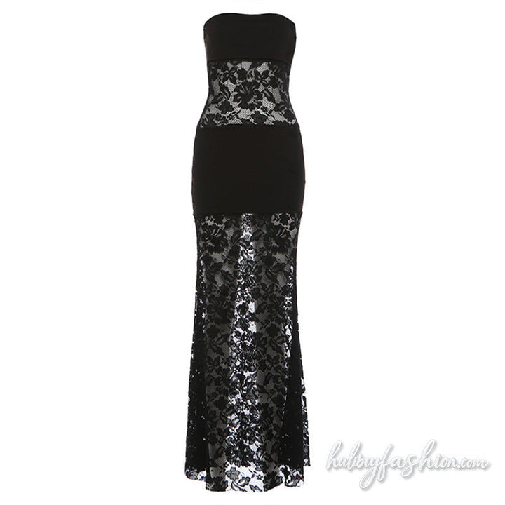 Lace solid backless tube maxi dress