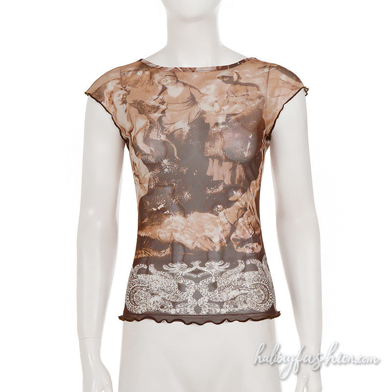 Cap sleeve ruffle crewneck print mesh top