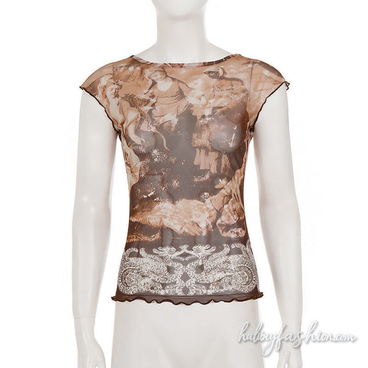 Cap sleeve ruffle crewneck print mesh top