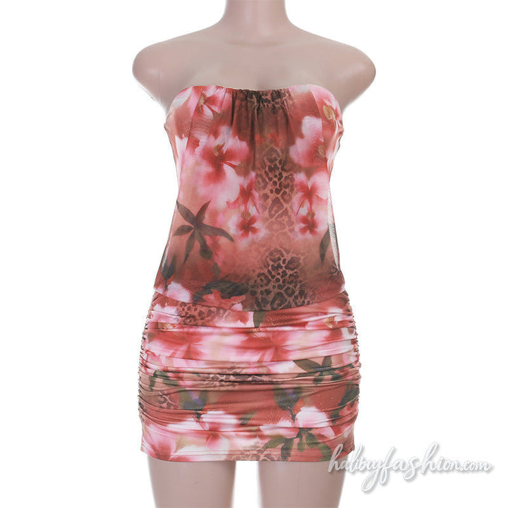 Ruched print backless tube mini dress