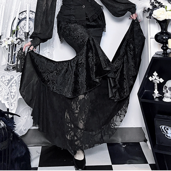 Velvet lace hem tassels maxi skirt  | Festival Outfits Women