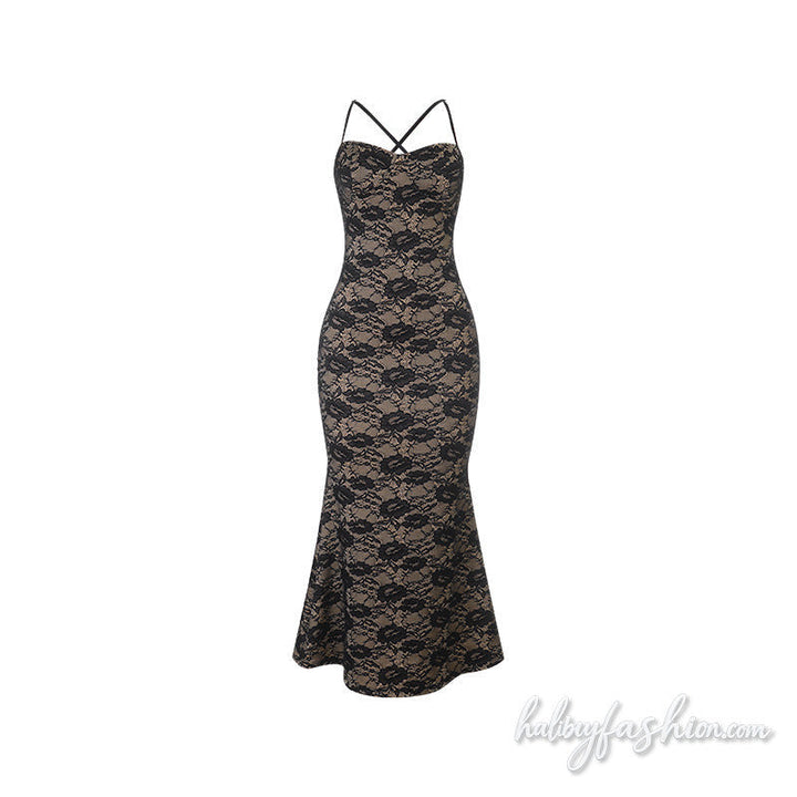 Cross back self tie lace backless cami maxi dress - Halibuy