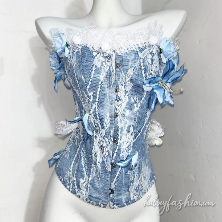 Lace hem flower applique button tube top
