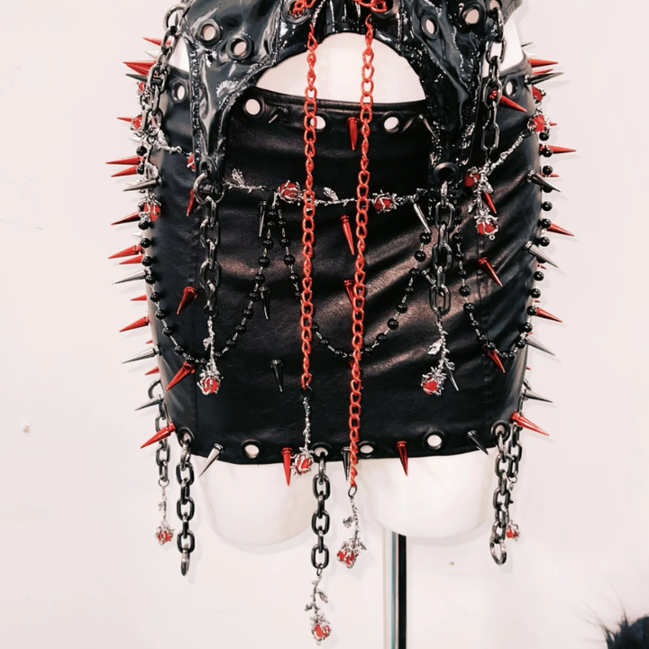 O ring lace up metal chain rivet applique top  | Festival Outfits Women