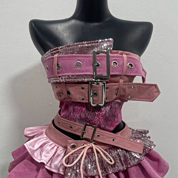 Glitter buckle patchwork ruffle mini skirt set  | Festival Outfits Women