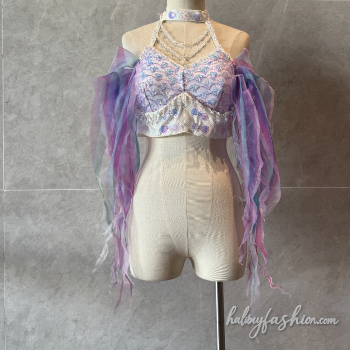 Halter hollow out beaded glitter top