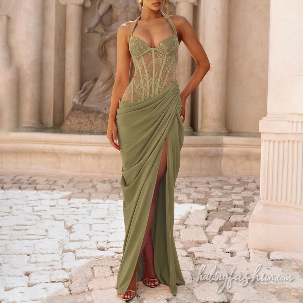 Self tie halter lace ruched irregular slit maxi dress - Halibuy - 8