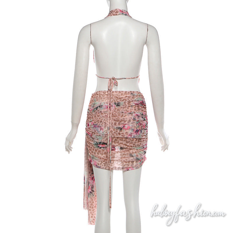 Leopard print ruched halter irregular mini skirt set