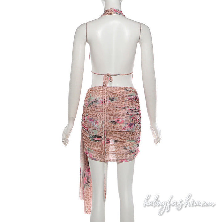 Leopard print ruched halter irregular mini skirt set
