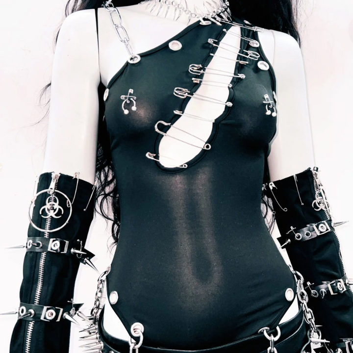 Irregular hollow out metal chain backless bodysuit