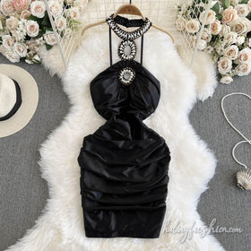 Backless ruched zip-up beaded satin mini dress