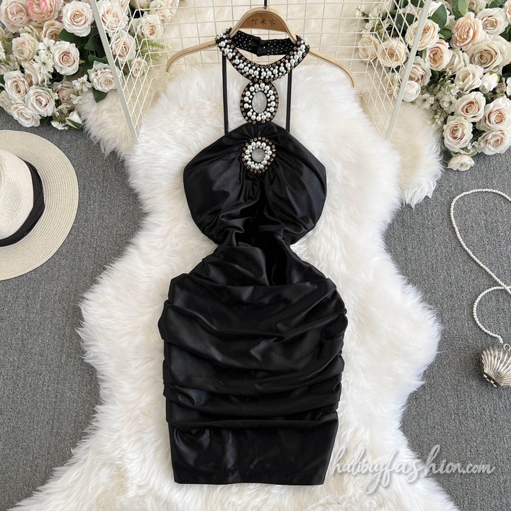 Backless ruched zip-up beaded satin mini dress