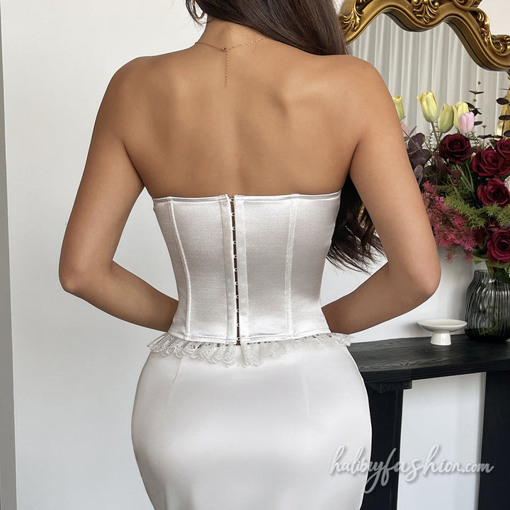 Lace hem corset backless button tube top