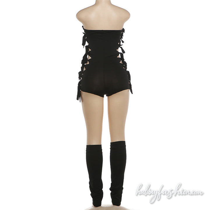 Hollow out self tie backless solid tube romper