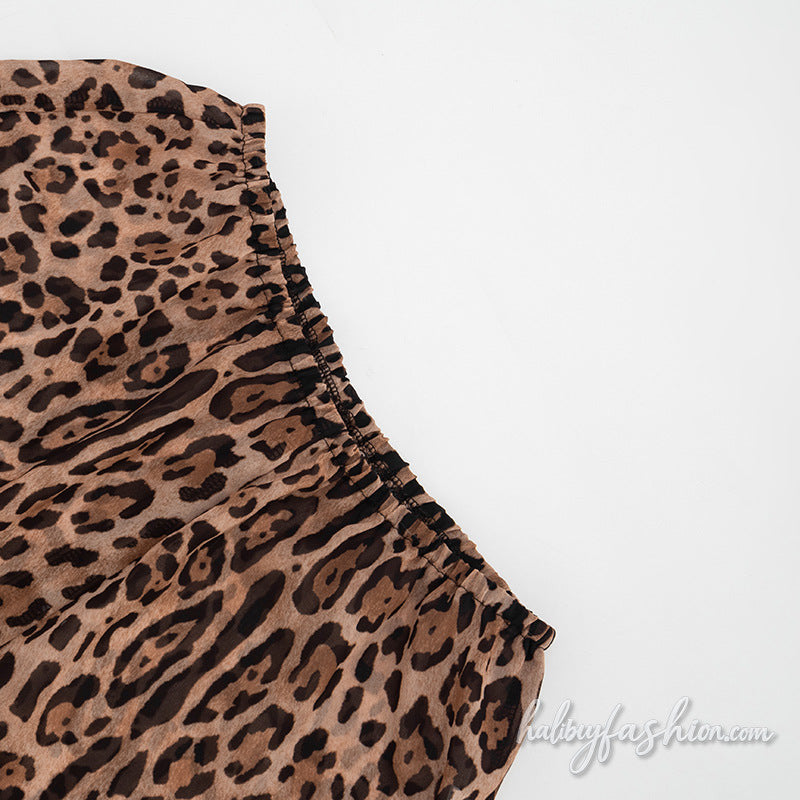 Leopard print self tie halter slit backless pant set