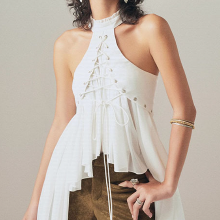Crewneck lace up ruched solid top  | Festival Outfits Women