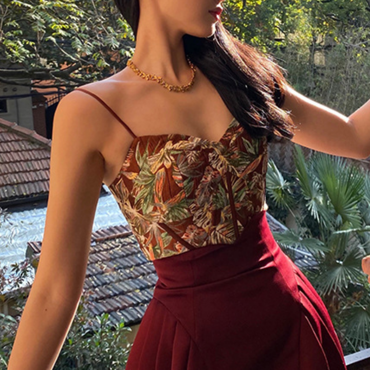 V neck print corset contrast cami top  | Festival Outfits Women