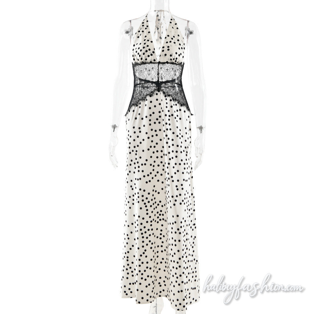 Polka dot halter self tie v neck lace maxi dress