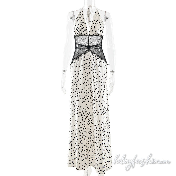 Polka dot halter self tie v neck lace maxi dress