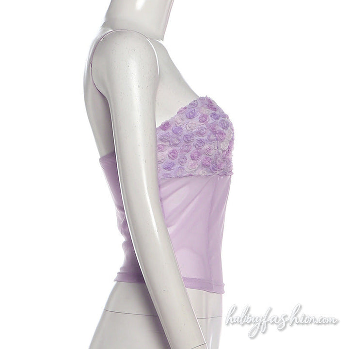 Mesh flower applique backless tube top