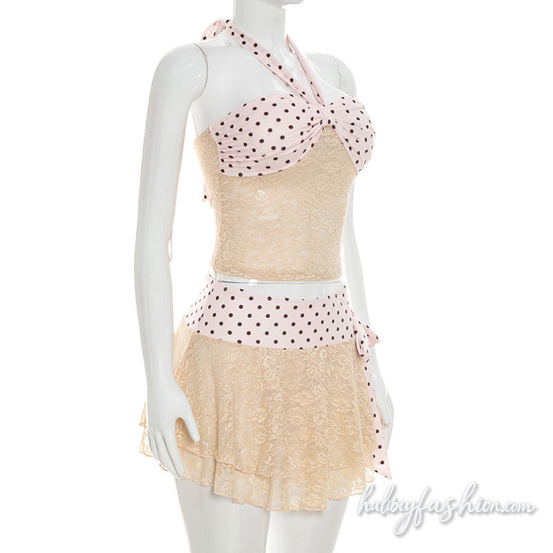 Halter self tie lace ruched polka dot mini skirt set - Halibuy - 3
